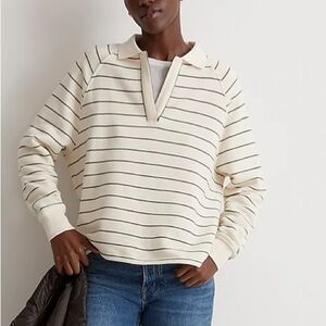 Madewell Cream and Green Striped Polo Rugby Sweater